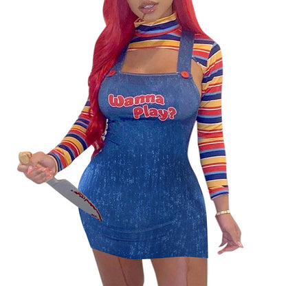 hirigin Women 2 Pcs Halloween Costumes Scary Nightmare Killer Doll Wanna Play Movie Character Costume Set Sling Jumpsuits