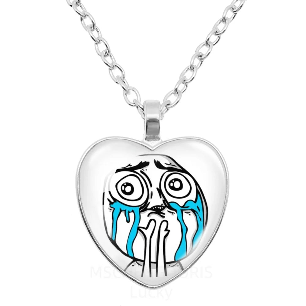 Rage Comic Necklace Derp Face Trollface Funny Meme Cartoon Glass Heart Shape Pendant Chain Necklace Charm Jewelry Collect Gift
