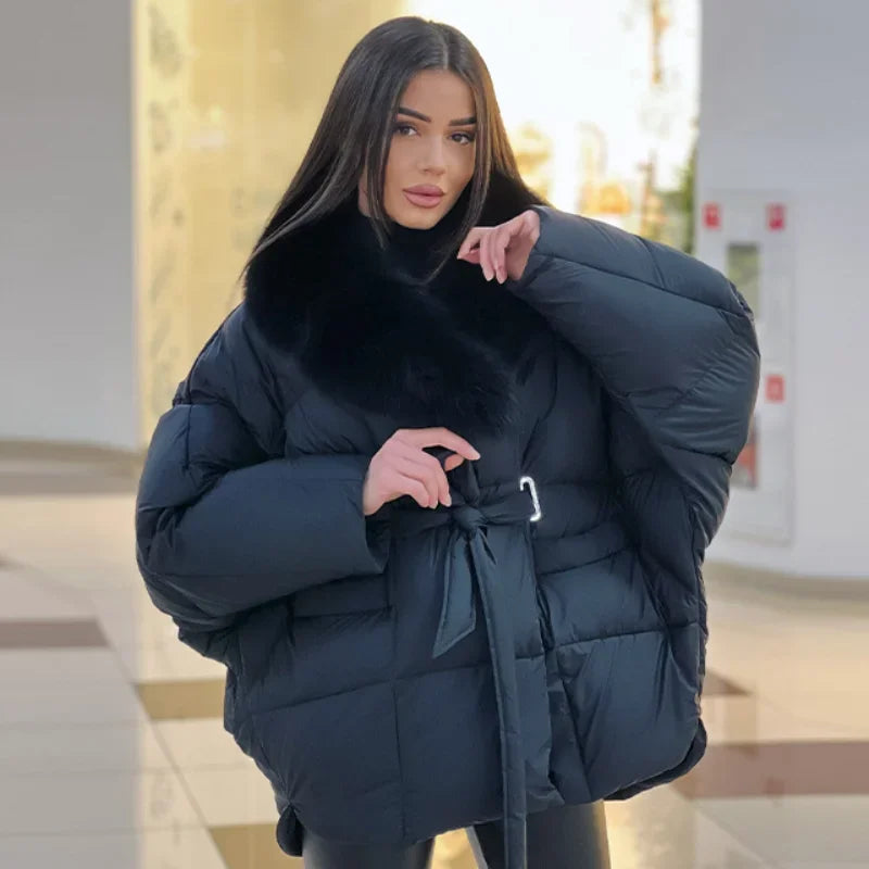 Thichen Winter Padded Coat Women Faux Fur Collar Belted Waist Tie Loose Oversized Quilted Jacket Warm Outerwear Daily Streetwear