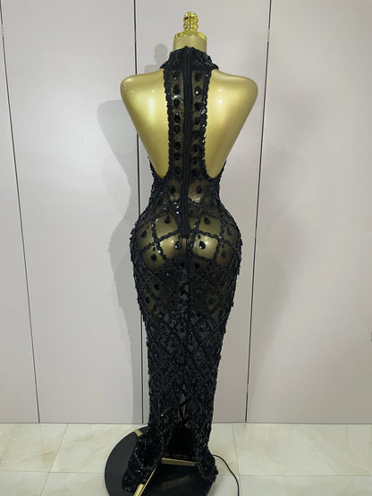 Newest Shiny Diamond Sequins Green Sexy Mesh Long Dress Women Celebrate Evening Prom Birthday Party Nightclub Stage Costume