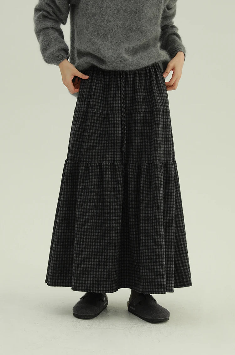 Women's Retro Patchwork Plaid A-Line Midi Skirt Elastic Waist Slimming Versatile Large Size Clothing Casual Long Skirts