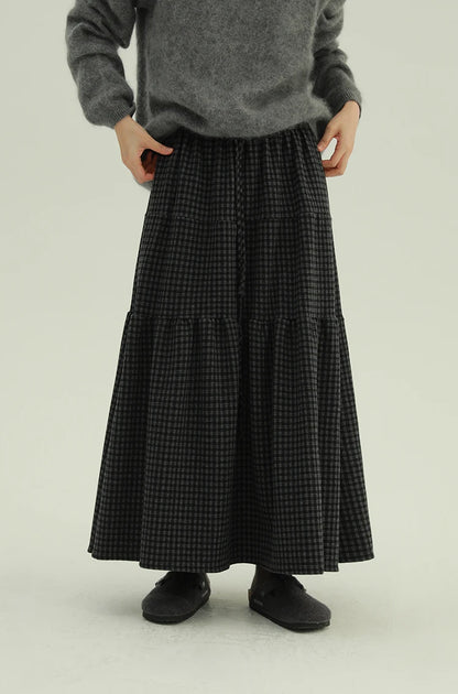 Women's Retro Patchwork Plaid A-Line Midi Skirt Elastic Waist Slimming Versatile Large Size Clothing Casual Long Skirts