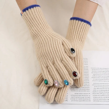Women Winter Warm Knitted Full Finger Gloves Solid Wool Luxury Rhinestone Girl Fashion Touch Screen Mittens Female Drving