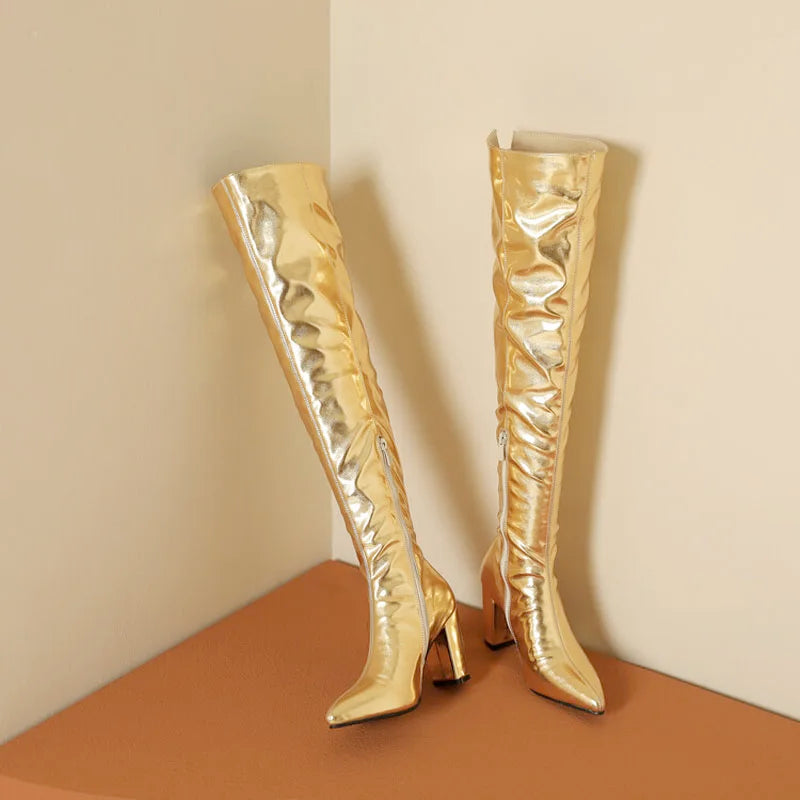 Women's Metallic Over-the-Knee Block-Heel Boots