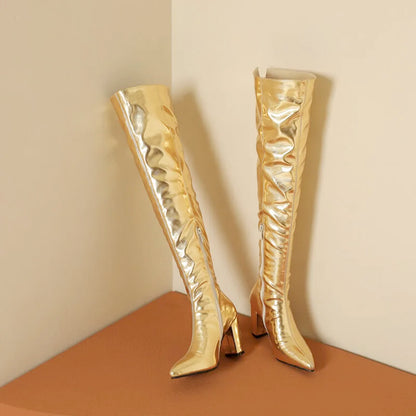 Women's Metallic Over-the-Knee Block-Heel Boots