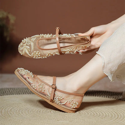 Embroidery String Bead Mesh Ballet Flats Women Fashion White Pearl Mary Jane Shoes Light Summer Flats Elegant Cozy Flat Sandals