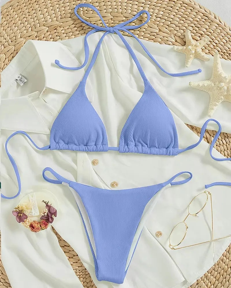 2025 Special Pit Stripe Fabric Bikini Set Women Sexy Simple Solid Halter Bikini Swimsuit High Waisted Lace Up Beach Bathing Suit