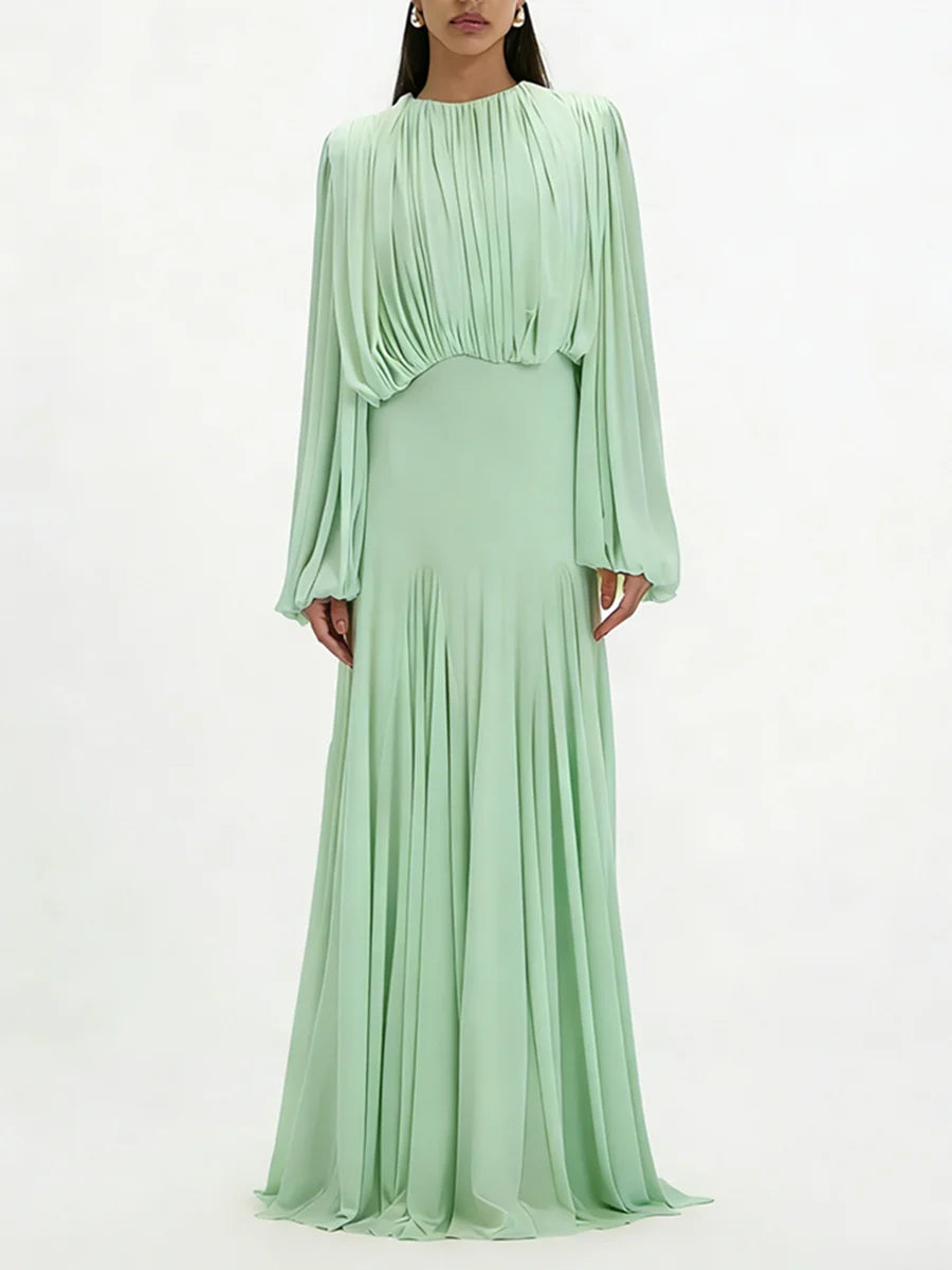 Women's Pleated Long-Sleeve Maxi Dress