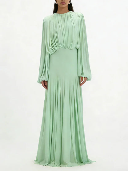 Women's Pleated Long-Sleeve Maxi Dress