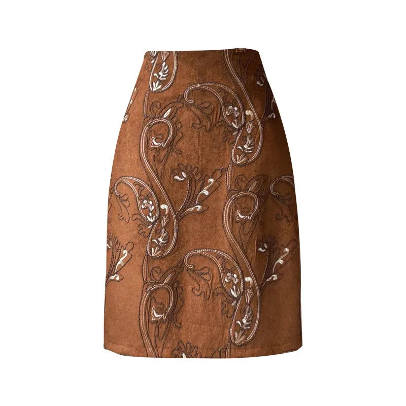 Women Retro Paisley Embroidered Suede Skirt High Waist Split Midi Pencil Skirt Casual Commute Dress