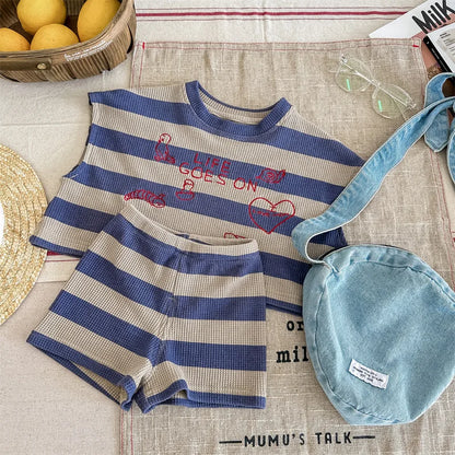 deer jonmi 2026 Summer Korean Style Unisex Kids Striped Outfits Embroidery Loose Tops Shorts 2pcs Toddlers Kids Clothing Sets