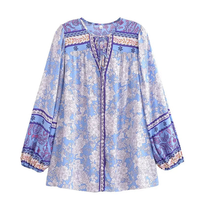 Boho Queens Vintage Purple Floral Print Front Button Loose Blouses  Ladies Lace-up V-Neck Long Sleeve Beach Shirts Tops Blusas