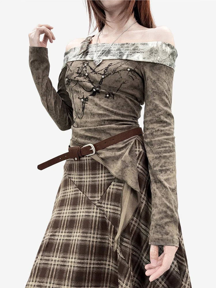 REDDACHiC Off Shoulder T-shirt Skirt Women Set Long Sleeve Top Irregular Ruffle Belted Midi Long Plaid Skirt Alt Vintage Clothes