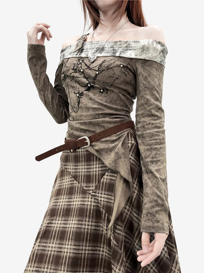 REDDACHiC Off Shoulder T-shirt Skirt Women Set Long Sleeve Top Irregular Ruffle Belted Midi Long Plaid Skirt Alt Vintage Clothes