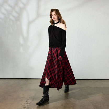 TOYOUTH Womens Midi Skirt 2026 Autumn New Brushed Plaid Irregular Nomadic Style Mid Length Skirt