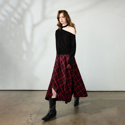 TOYOUTH Womens Midi Skirt 2026 Autumn New Brushed Plaid Irregular Nomadic Style Mid Length Skirt