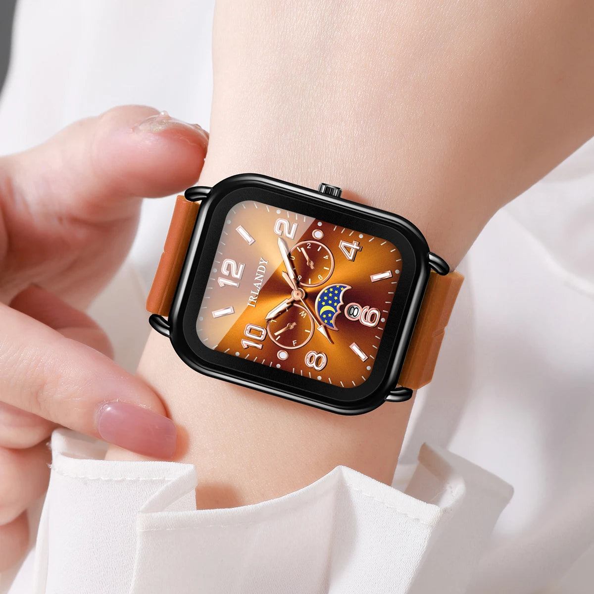 Fashion Square Women Watch Brown Silicone Strap Calendar Quartz Wristwatches Ladies Clock Relogio Feminino（Without Box）