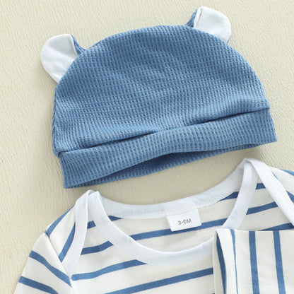 Citgeett Autumn Infant Baby Boys Outfit Sets Long Sleeve Striped Romper Elephant Embroidery Suspender Pants Hat Sets