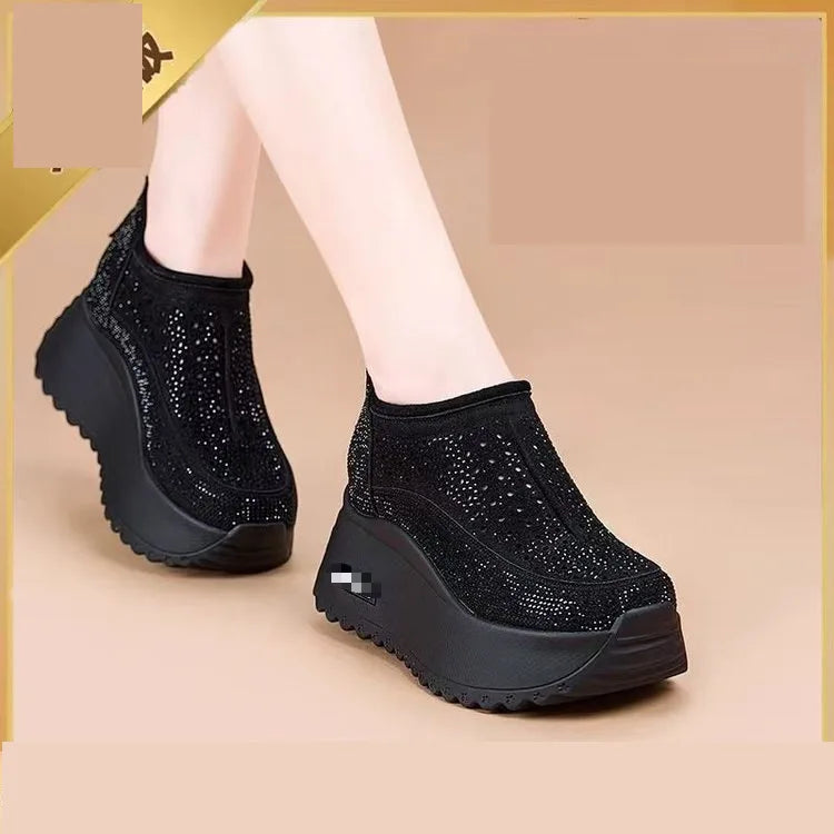 Hollow Sandals Rhinestones Fashion Genuine Leather Women Chunky Sneakers Female Summer Height Increasing Ladies Shoes