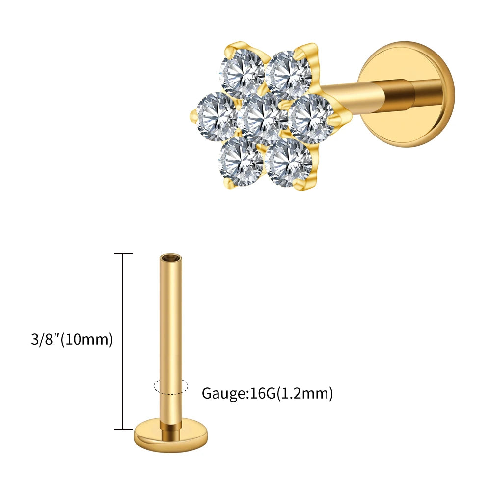 Right Grand ASTM F136 Titanium 16G Tiny Flower CZ Stud Earring Tragus Helix Rook Conch Labret Stud Flat back Cartilage Piercing