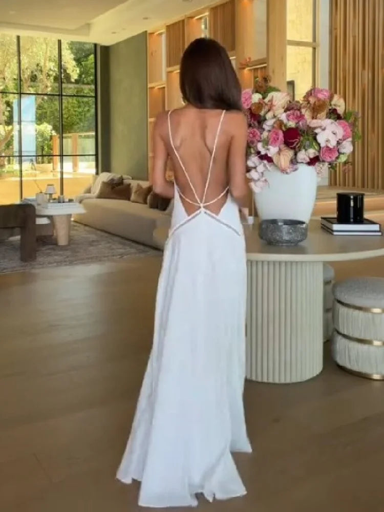Elegant White Deep V Neck Spaghetti Strap Maxi Dress Women Waist Cutout A-Line Long Dress 2026 Summer Beach Vacation Party Robe