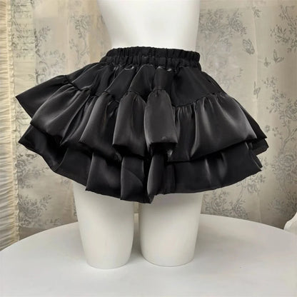 Sweet Satin Casual Elastic Waist New Short Skirt Women Summer Chic White Ruffle Cake Skirts Female Fashion Pretty Princess Skirt