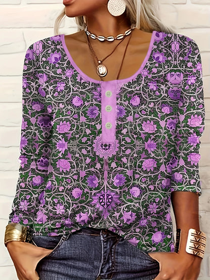 Women Long-Sleeved O-Neck Shirt Fashion Printed Casual Blouses 2025 New Spring Autumn Vintage Ethnic Style Femme Tops Plus Size