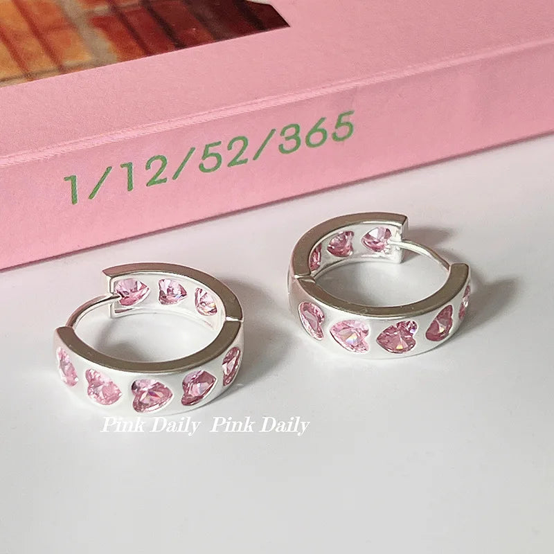 2024 New Design Sense Pink Zircon Heart-Shaped Earrings For Woman Party Sweet Fine Jewelry Gift
