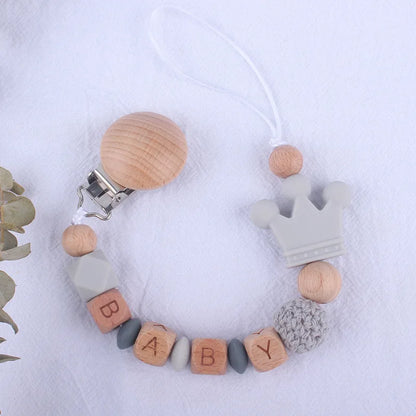 Handmade Beech Wood Baby Pacifier Chain Crown Silicone Beads Infant Appease Soother Clips Anti-Drop Dummy Holder Nipple Clip
