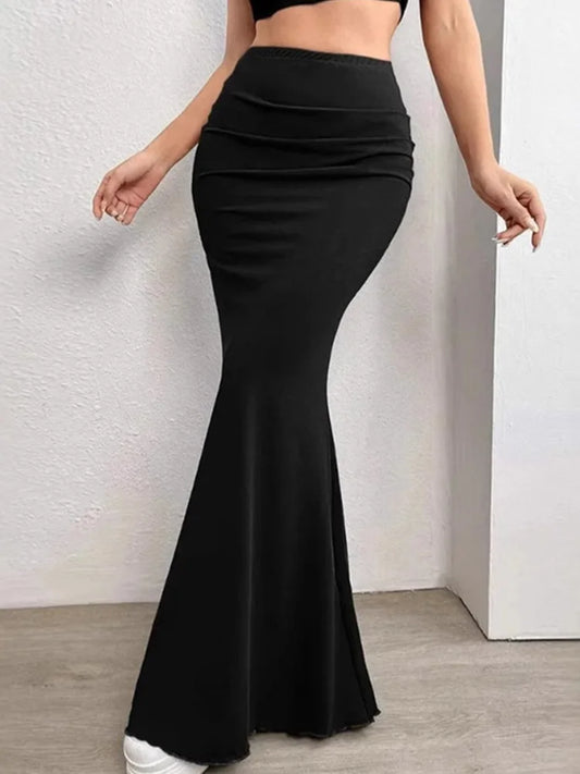 Solid Bodycon Ruched Long Skirt Women Sexy Black Elastic Elegant High Waist Mermaid Maxi Skirts Summer Streetwear