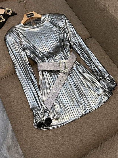 HIGH Quality 2026 Fashion Women's Sexy Luxury Glitter Flare Long Sleeve Belted Pleated Mini Party Dress