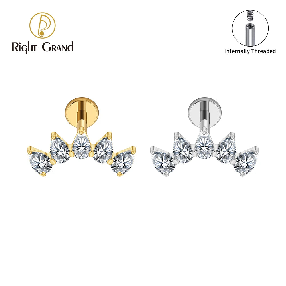Right Grand ASTM F136 Titanium 5-Pear CZ Crown Cartilage Earring 16G Flat Back Stud Helix Tragus Labret Nose Piercing Jewelry
