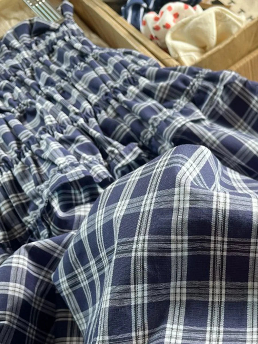 Blue Plaid Vintage Midi Skirt Women Summer New Elastic Waist Loose A-line Faldas Bottom Preppy Style Sweet Casual Long Skirts