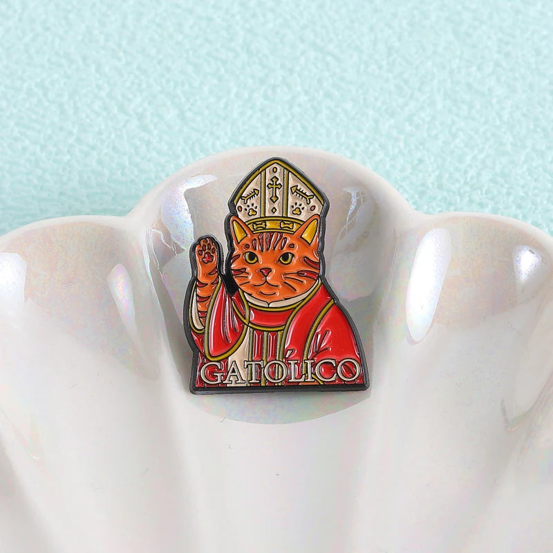 Sacred & Solemn Catholic Cat Brooch Enamel Pins Religious Belief GATOLICO Cat Brooches Lapel Badge Fun Jewelry Gift for Friends