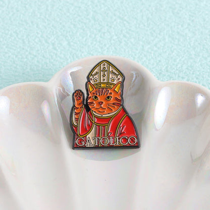 Sacred & Solemn Catholic Cat Brooch Enamel Pins Religious Belief GATOLICO Cat Brooches Lapel Badge Fun Jewelry Gift for Friends