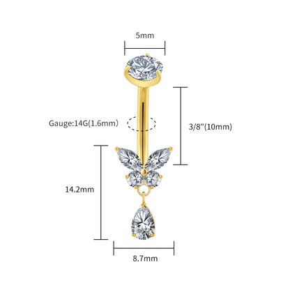 Right Grand ASTM F136 Titanium Butterfly CZ Dangle Belly Button Ring 14G Teardrop Drop Navel Curved Barbell Piercing Jewelry