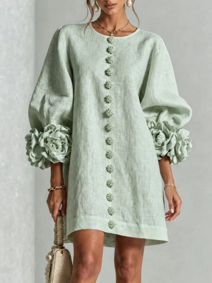 Women Linen Mini Dress O Neck Puff Long Sleeve 3D Flower Cuff Decor Flower Button Loose Casual Short Dresses for Party Vacation