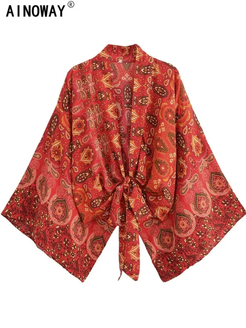 Vintage Multi Floral Boho Kimono Short Robe Swimsuits Women Fashion Batwing Sleeves Rayon Bohemian Bikini Cover Ups Beachwear