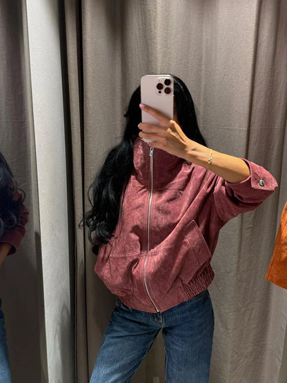 Women Dusty Faux Suede Bomber Jacket Stand Collar Zip Up Loose Drop Shoulder Elastic Hem Casual Fall Outerwear 2026 Fashion Coat