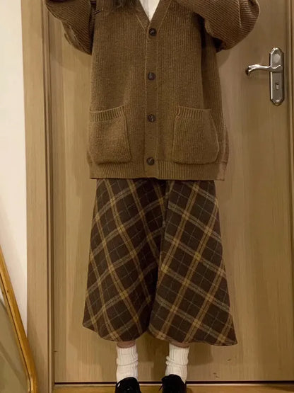 Retro Plaid Woolen  Skirt Women's Autumn Winter High Waist Slim A-Line Midi Skirt Elegant Fashionable Ladies' Skirt