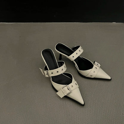 Women's Pointed-Toe Buckle Mules in Heel Options