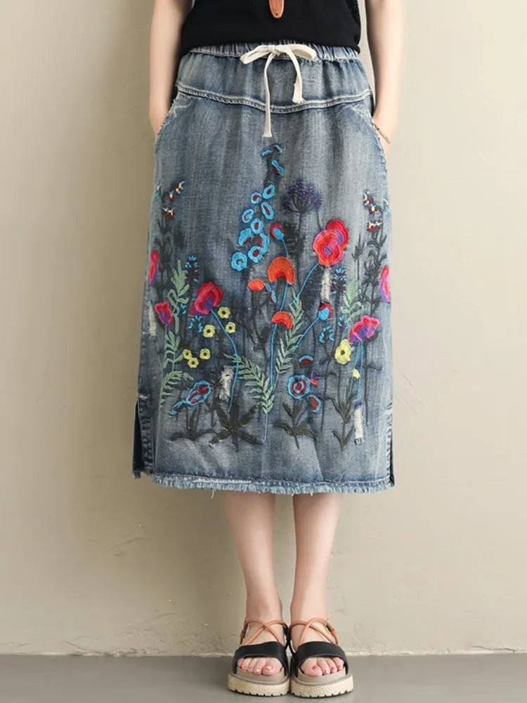 Women's Floral-Embroidered Denim Skirt
