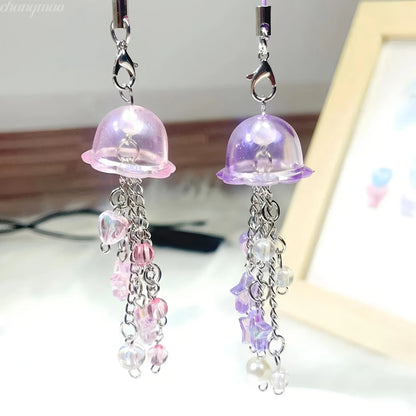 Purple Pink Jellyfish Key Chain Wind Chimes Star Heart Beaded Keyring for Phone Camera Earphone Case Charm Pendant Keycord
