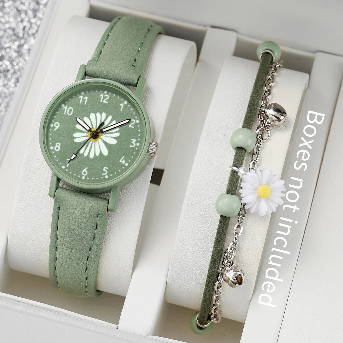 2PCS/Set Fashion Flower Dial Women's Watch Casual Leather Band Quartz Watches Bracelets Set（Without Box）