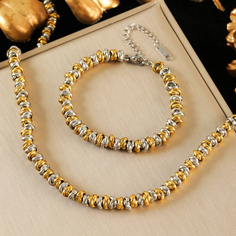 EILIECK 316L Stainless Steel Metal 2-Color Chain Necklace Bracelet Set For Women Fashion Punk Collar Waterproof Jewelry New Gift
