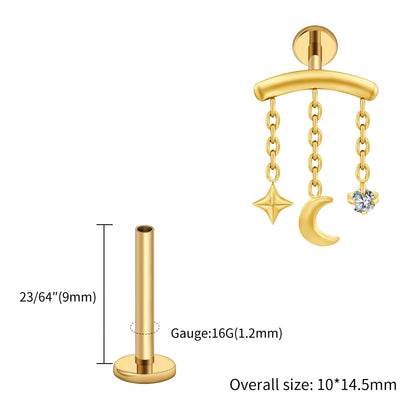 Right Grand ASTM F136 Titanium Hidden Helix Chain Earring 16G Dainty Star Moon CZ Dangle Cartilage Stud Piercing Jewelry