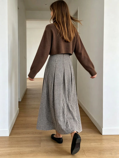 Women Spring Autumn Plaid Midi Skirt,High Waist Pleated A‑Line Long Skirt,Vintage Checkered Flowy Swing Skirts