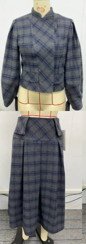 Women Vintage Plaid Office Party 2 Piece Sets Stand Collar Double Breasted Bubble Sleeves Jacket & High Waisted Midi Skirt Suits