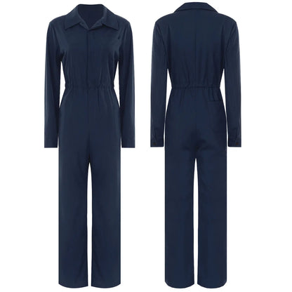 Womens Work Jumpsuit Fashion Button Coverall Casual Turn Down Collar Long Sleeve Romper Overall Elegant Button Front Design