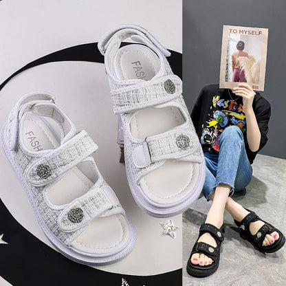 Platform Sandals Handmade Women Lattice Hook Loop Plaid Cloth Round Toe Summer Casual Ladies Outdoor Shoes